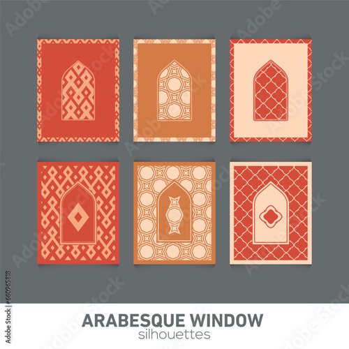 Arabesque window silhouettes. Vector symbol traditional islamic arches. Arabic traditional architecture. Ramadan Kareem design element. Geometric Ornament Arabic Pattern.