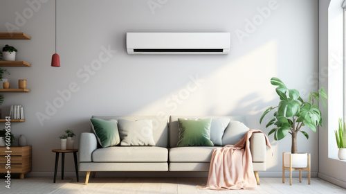 Air conditioner on white wall in modern room with stylish grey sofa