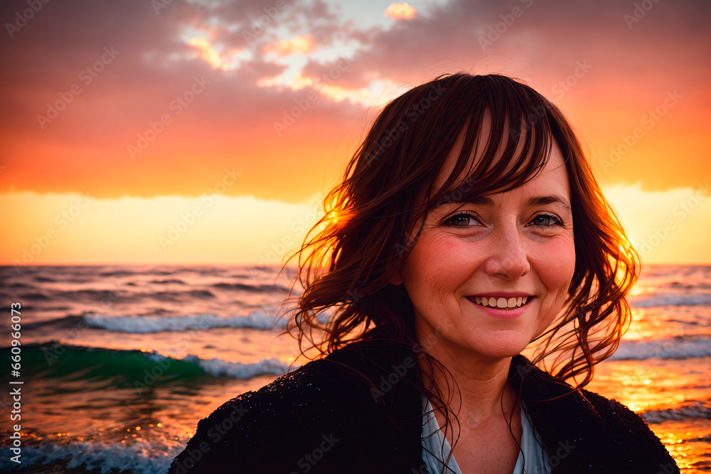 Portrait of a beautiful woman on the beach at sunset. Smiling female