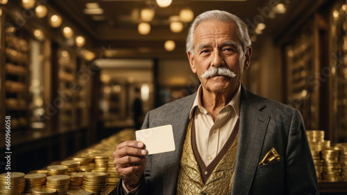 rich old man with mustache in money vault with business card in hand photo