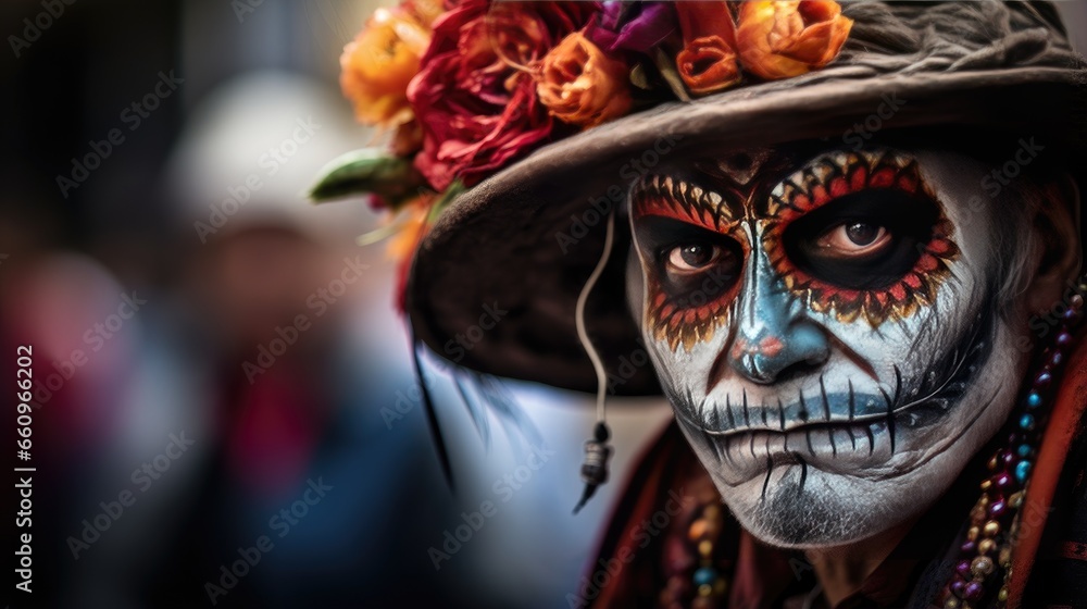 A man in a hat with flowers on it with a painted face. Concept for the day of the dead or Halloween.