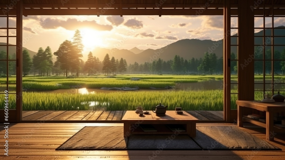 Front balcony of home, hoststay accommodation, natural style With green rice fields, mountains, and morning sunlight. - obrazy, fototapety, plakaty 