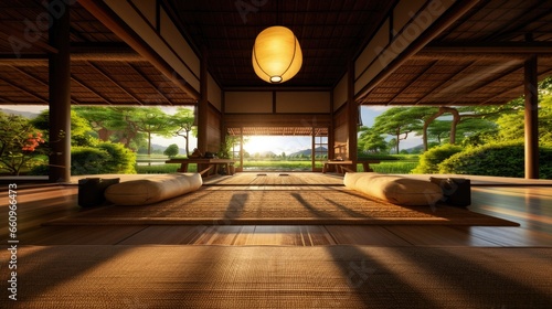 Front balcony of home, hoststay accommodation, natural style With green rice fields, mountains, and morning sunlight.