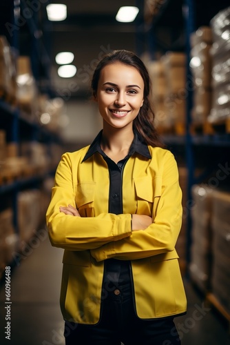 Portrait of smiling female industrial worker in warehouse storage center generative ai