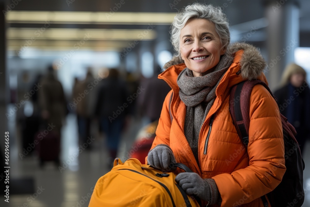 Old Woman Travelling, An Aging Voyager Sets Off with Elderly Elegance and a Heart Full of Wanderlust