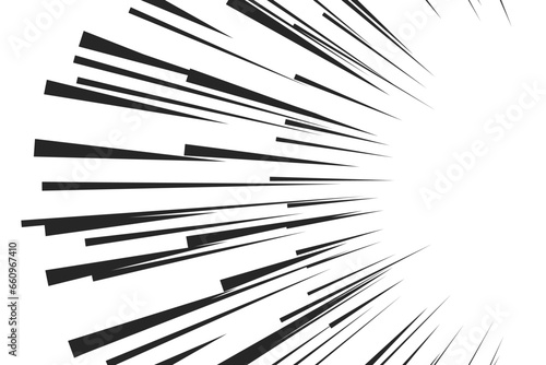 Black radial comic book style action line with a space for text on the right side isolated on white background. Speed abstract, manga comics action frame. Vector illustration