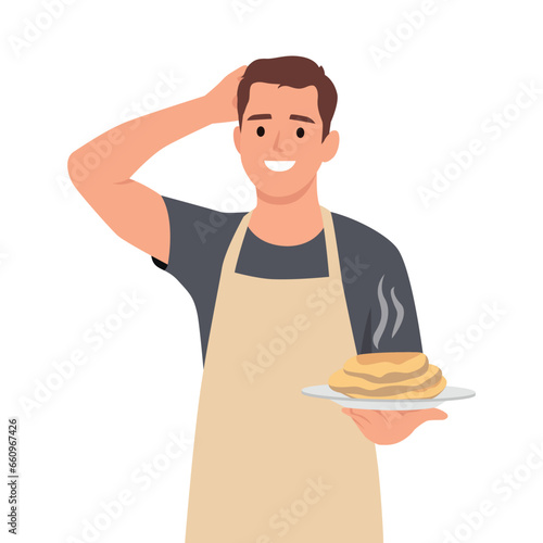Smiling young man ready to having tasty pancake. eating pancakes. Flat vector illustration isolated on white background