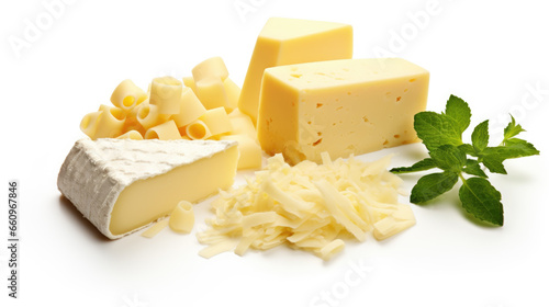 Set of different cheeses on white background. Top view.