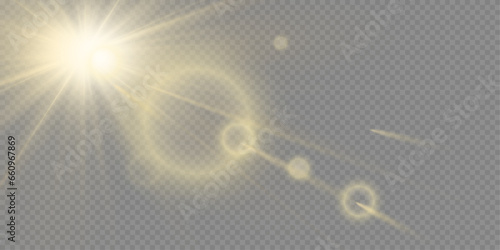 Lens flare sunlight light effect. Stock vector illustration isolated on a separate grid layer.