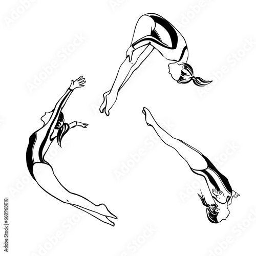 set of jumping gymnastic girl, isolated monochrome line sketch