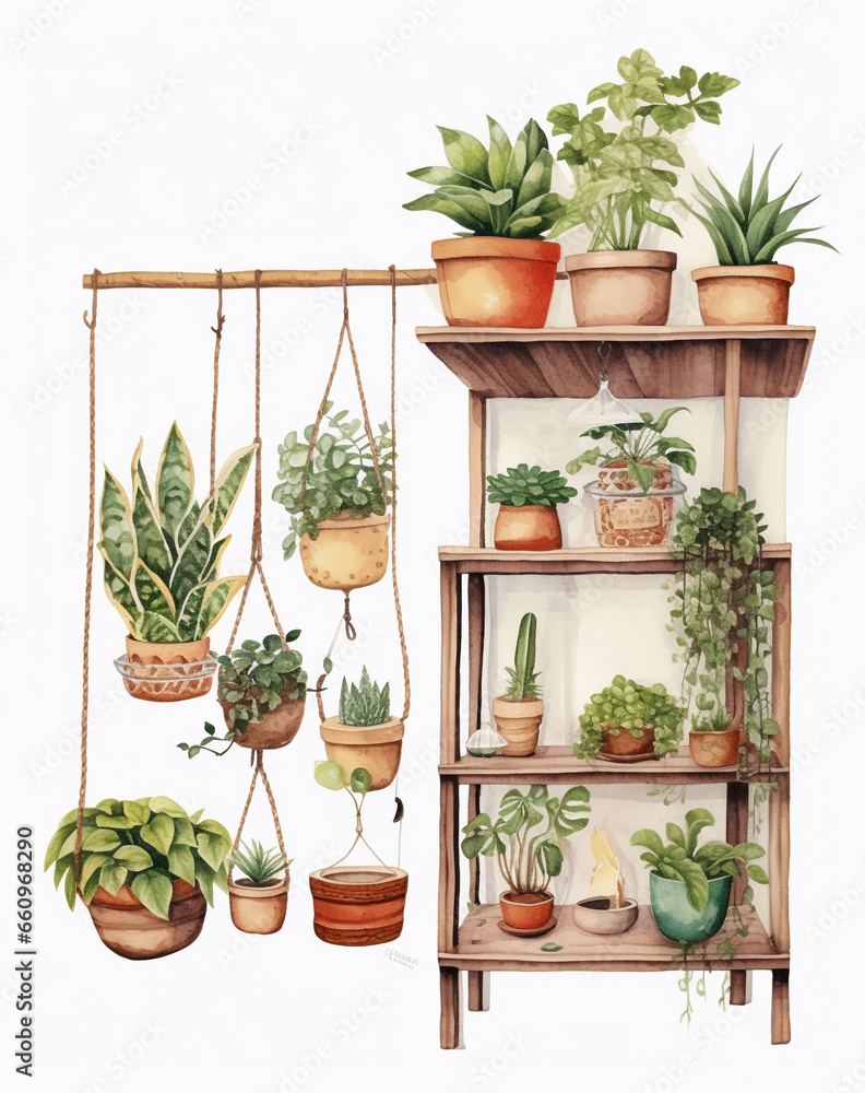 shelf with the decor of figurines and plants watercolor