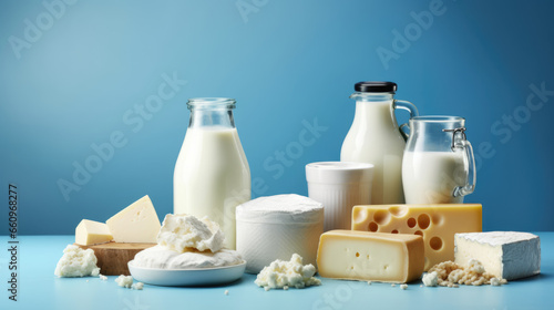Various dairy products on blue background