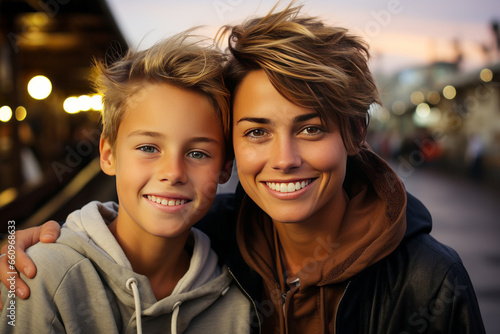 Mom and child on amusement rides, having fun, enjoying the time spent. Recreation and entertainment