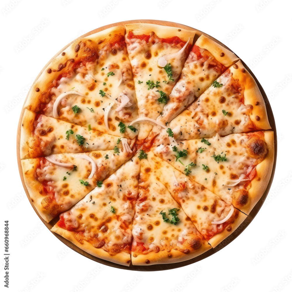 Pizza isolated on white transparent background, top view. PNG