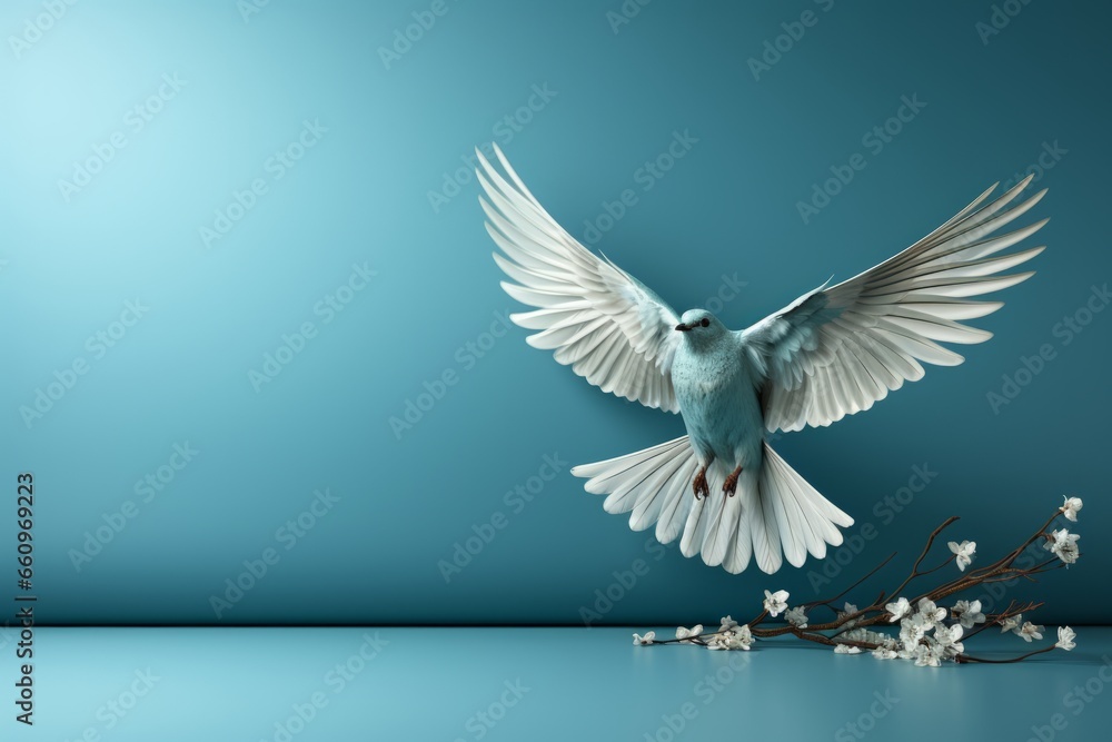 Obraz premium Conceptual art depicting a paper bird in flight against a minimalist blue background, evoking a sense of freedom and tranquility, Generative AI
