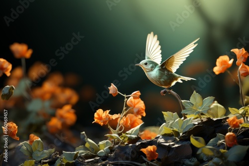 Conceptual art showcasing a paper bird soaring above a lush plant, embodying the idea of growth and transformation, on a simple background, Generative AI © fahmy