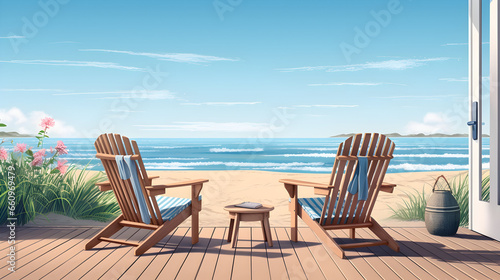 Table and chairs on the beach  A beachside retreat with coastal holiday decor  Seasonal Serenity by the Sea