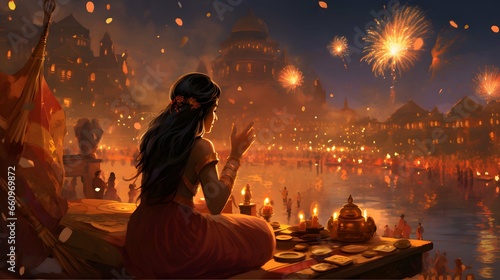 Diwali lights celebration background, hindu festival, india, diya lamp © Filip