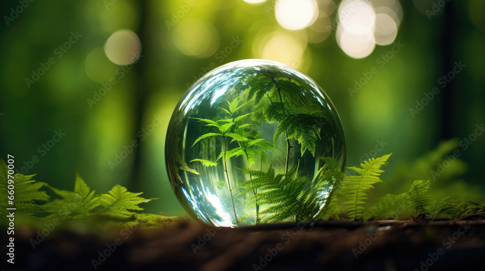 Glass globe encircled by verdant forest flora, symbolizing nature, environment, sustainability, ESG, and climate change awareness, generative ai Glass globe encircled by verdant forest flora, symbolizing nature, environment, sustainability, ESG, and climate change awareness, generative ai