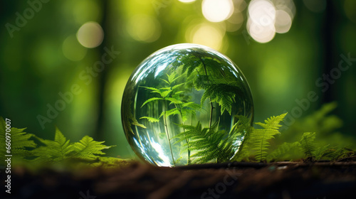 Glass globe encircled by verdant forest flora, symbolizing nature, environment, sustainability, ESG, and climate change awareness, generative ai