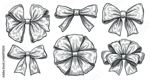 Set of sketch bows vector. Collection of decorative holiday ribbons for birthday, wedding or Christmas celebration