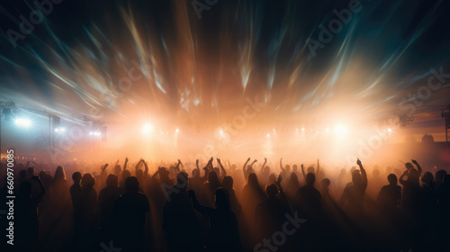 Silhouette of large group of people dancing outdoor at music festival, Generative Ai illustration