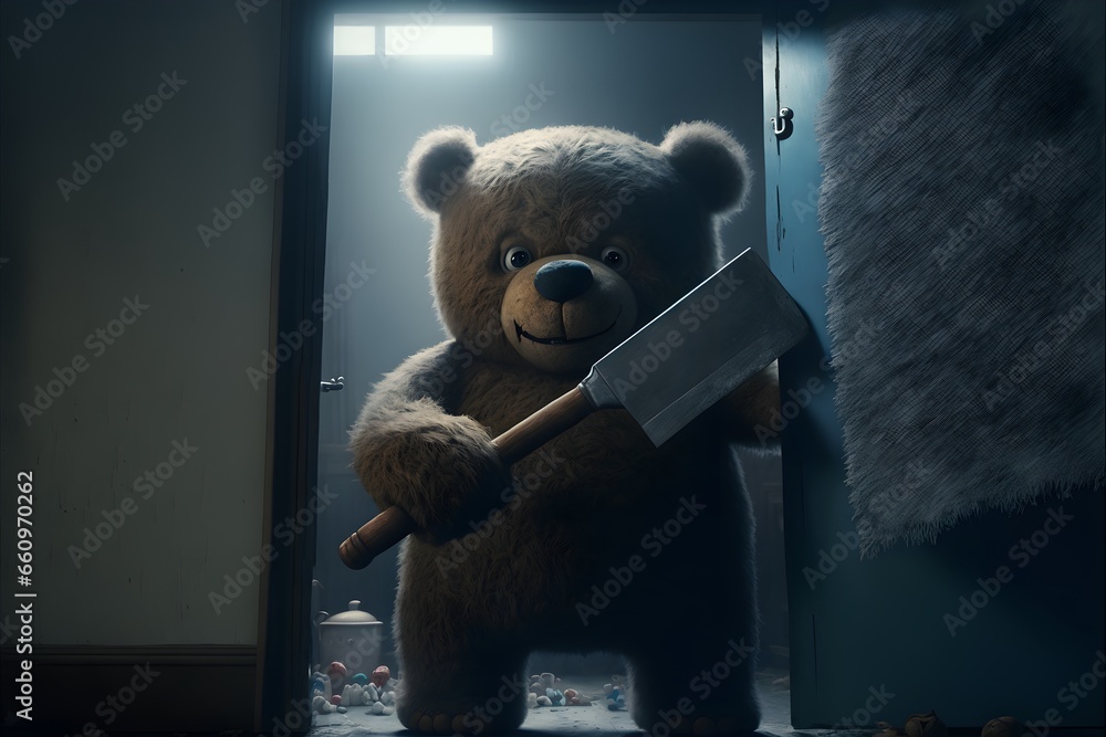 giant human sized teddy bear chopping through door with axe close up