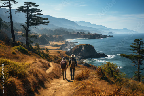 Generative ai illustration of Senior couple admiring the scenic Pacific coast