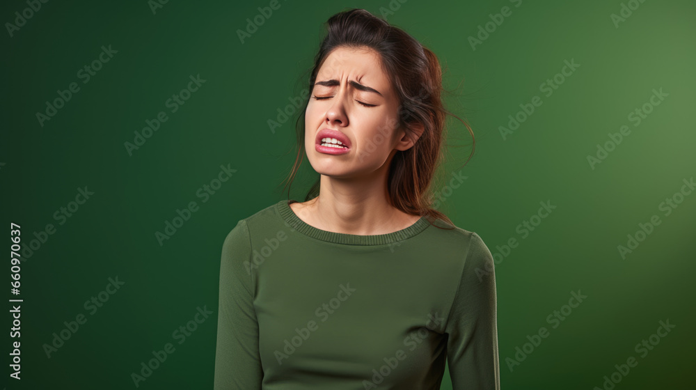 Depressed young woman crying on green background Depressed young woman crying on green background