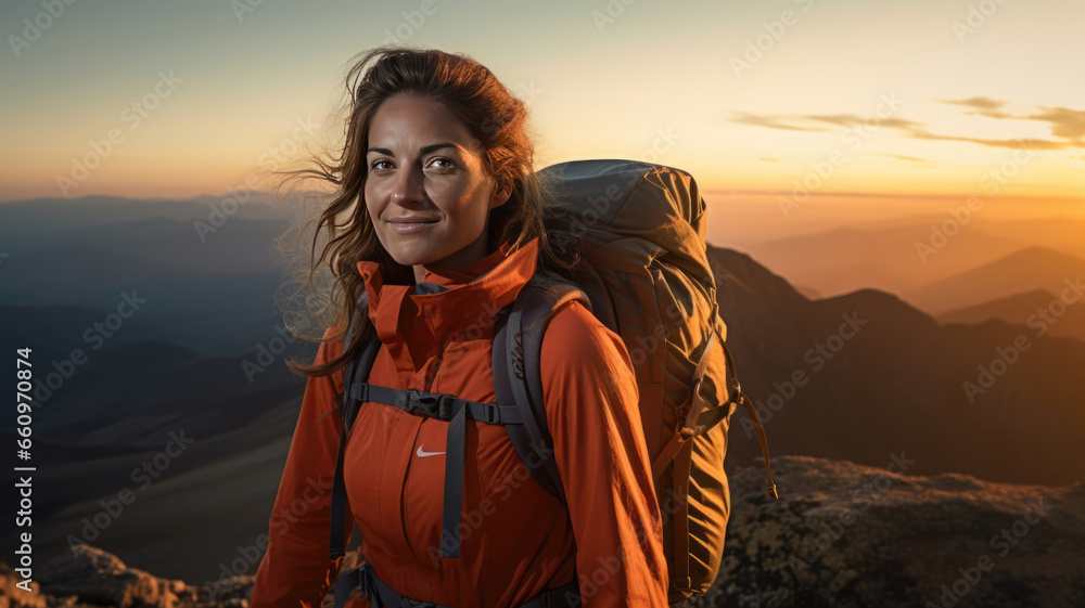 Portrait of a female hiker with a backpack on the mountain