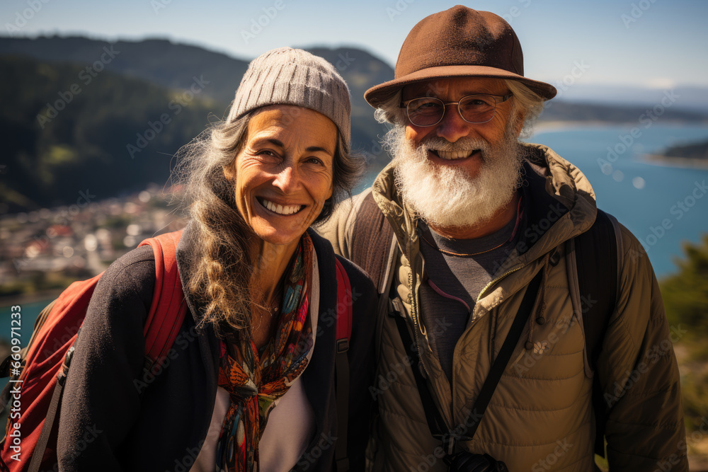 Generative ai illustration of Senior couple admiring the scenic Pacific coast Generative ai illustration of Senior couple admiring the scenic Pacific coast