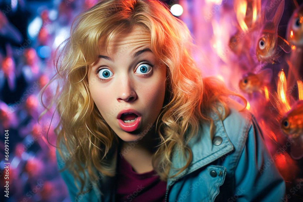 Surreal teen girl in shock walking goldfish on leash amidst vibrant disco lights. Surreal teen girl in shock walking goldfish on leash amidst vibrant disco lights.