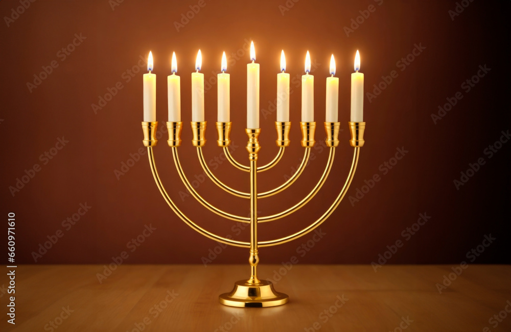 Hanukkah menorah with nine candles. AI Generative - obrazy, fototapety, plakaty 