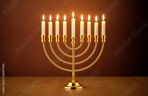 Hanukkah menorah with nine candles. AI Generative photo