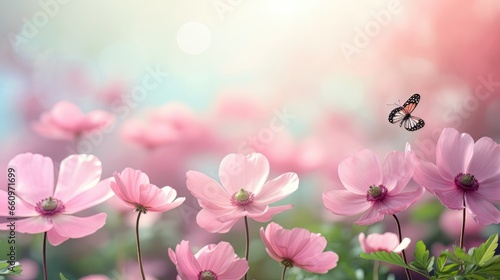 Beautiful pink flowers, fresh spring morning on nature and butterfly on soft green background. Spring, amazing artistic image, elegant © Elvin