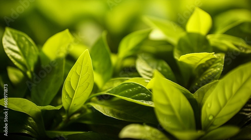 Close up of fresh green tea leaves growing in the field. Macro shot. Close-up of growing new tea plant. Shallow depth of field. Perfect black tea leaves growing. photo