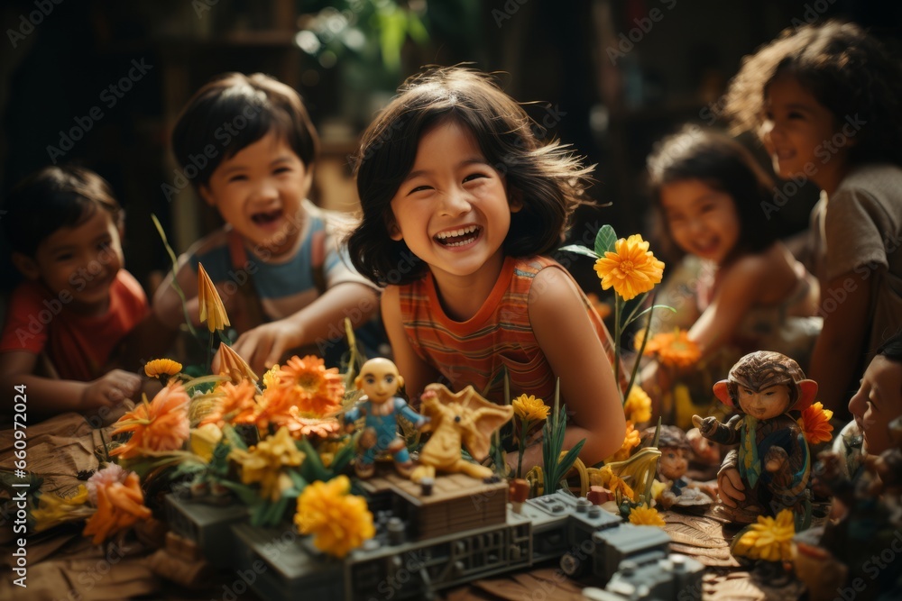 Stock photo capturing the genuine happiness and connection between children as they engage in playful activities with their toys, Generative AI