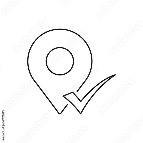 Maps pin with checkmark icon line style isolated on white background. Vector illustration