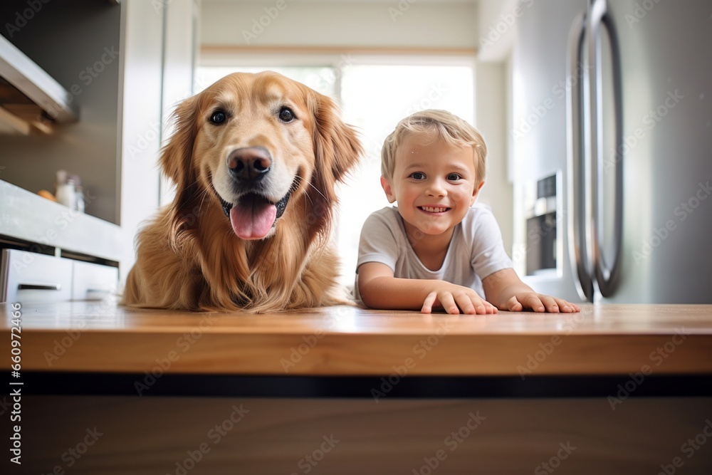 Teenage girl is preparing for breakfast at the kitchen table with a golden retriever dog in the kitchen. Cute baby and dog from home.