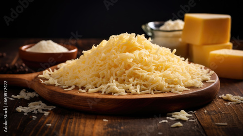 Grated cheese on wooden board