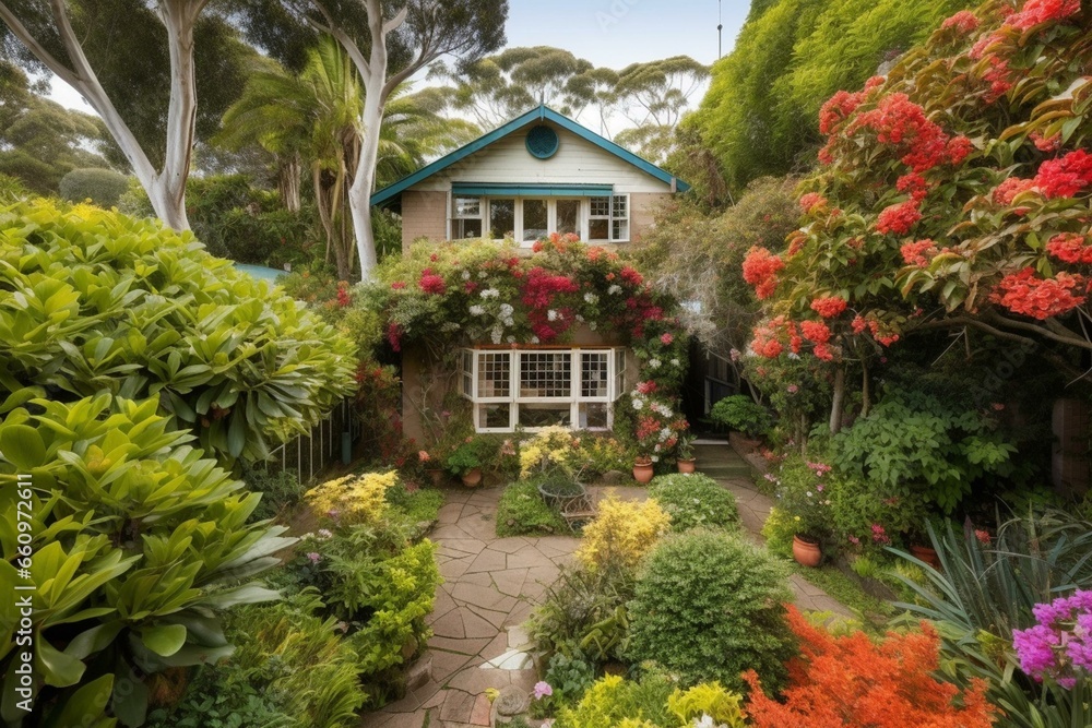 Flower-adorned home in stunning garden. Generative AI