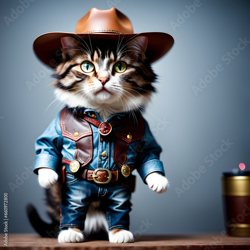 A little cat in a cowboy outfit stands like a person. ai generative
