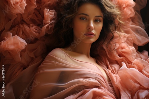Close-up of a gaunt pregnant woman in serene pink clothing, symbolizing the resilience and beauty of the maternal journey, Generative AI