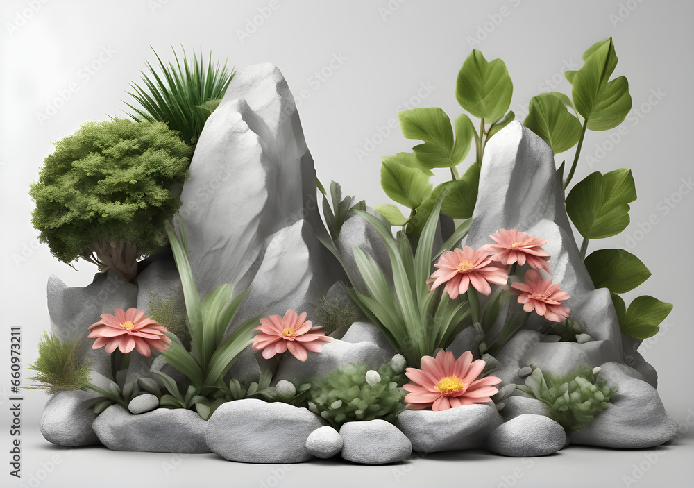 Gardening plants and flowery design composition with realistic nature rock transparent. Generative AI
