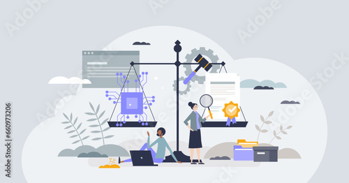 Legal AI and artificial intelligence for justice system tiny person concept. Use technology for effective courthouse work automation vector illustration. Law and crime research with tech research.