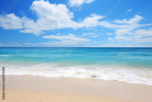 A photo of a sunny beach with a stunning blue sky in the background created with generative ai © Pivot_Design