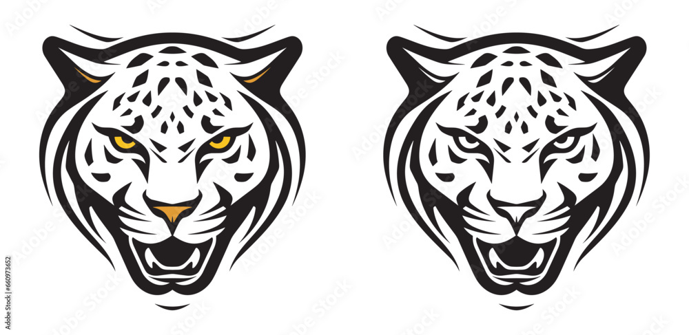 Angry tiger face cut out silhouette, tiger, or cougar, Roaring Leopard mascot black and white vector, Tiger head silhouette
