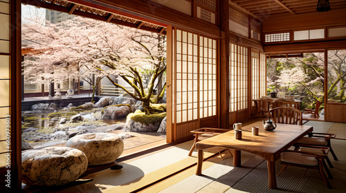 Japanese style room with cherry blossom and window view. Interior of an old living room. Concept of an ecological house. Interior of an Eco penthouse 3d render.