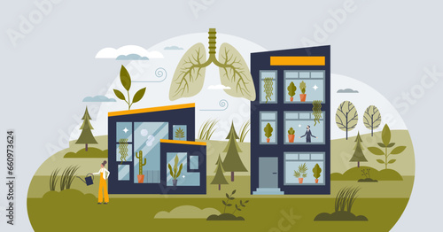 Clean breathing with fresh air for respiratory system tiny person concept. Office or home air purification for body wellness and care vector illustration. Breath quality and pure oxygen from forests.