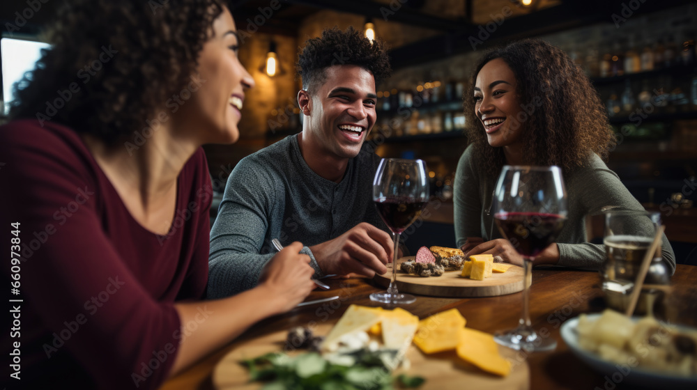 Group of friends tastes an assortment of cheeses with wine at a restaurant Group of friends tastes an assortment of cheeses with wine at a restaurant